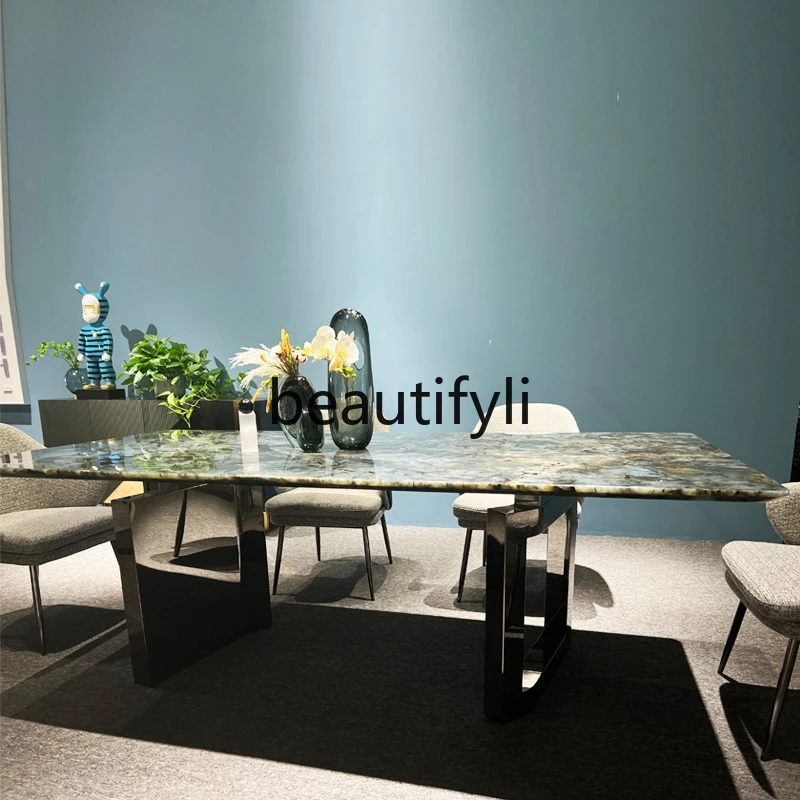 Light luxury natural blue jadeite luxury stone dining table Italian minimalist large dining table rectangular