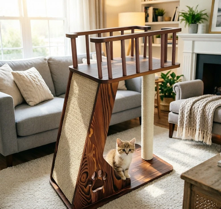 Solid Wood Vertical Cat Tree with Cat Bed and Jump Platform, Large Cat Tower with Scratching Board for Indoor Cats, Pet