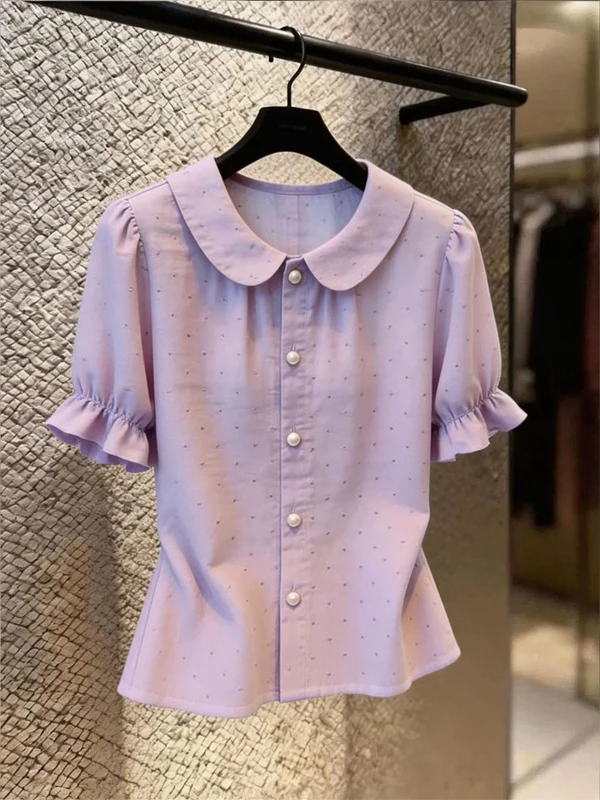 Elegant Purple Short Sleeve Shirt with Bubble Sleeves And Doll Collar Women's Fashionable Versatile Anti-Aging Summer Top