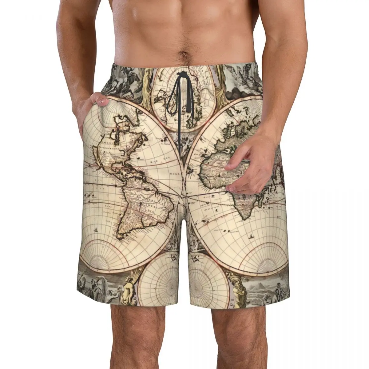 Map Of The World Men's Beach Shorts Fitness Quick-drying Swimsuit Funny Street Fun 3D Shorts