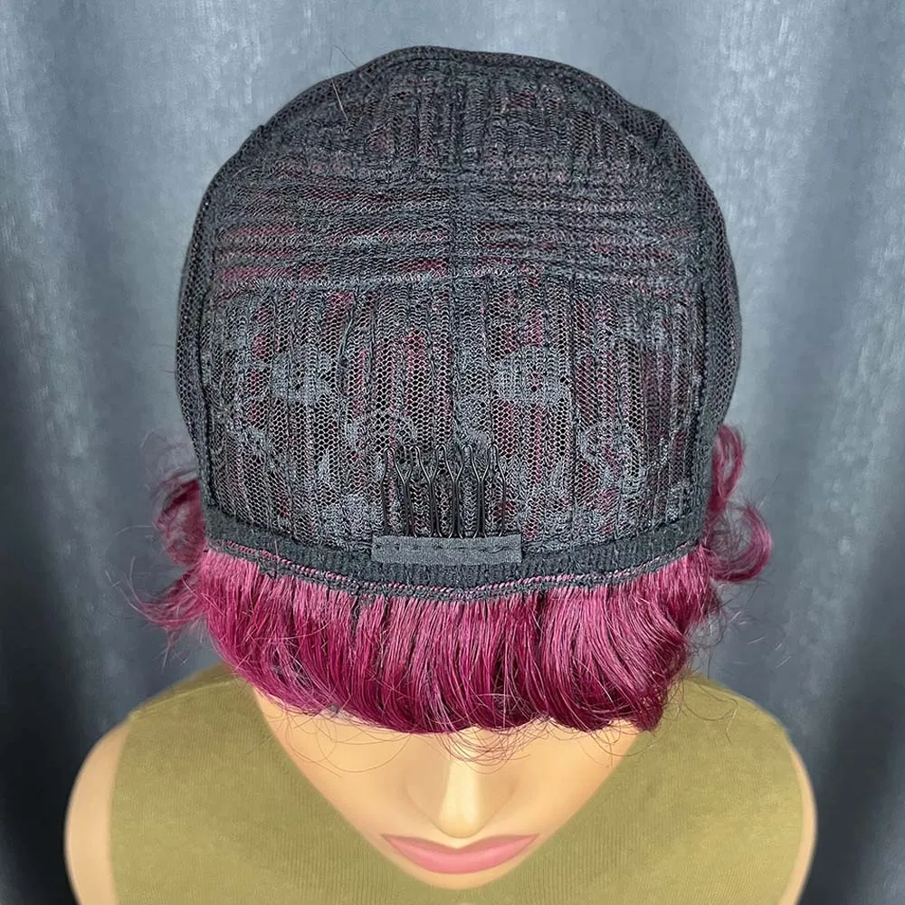 버건디 인모 픽시컷 가발 (흑인 여성용) 와인 레드 레이어드 숏 컬리 머신메이드 가발 (일상용)