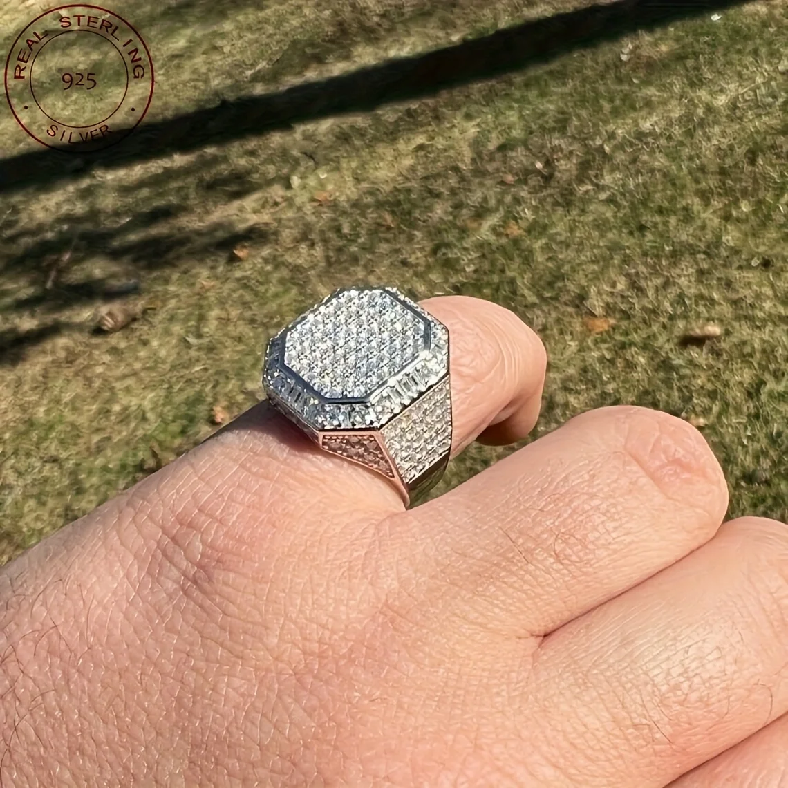 2025 جديد عصري للرجال مثلج خارج الزركون المثمن الهيب هوب العنقودية الخنصر الصلبة 925 فضة خاتم الزواج الفرقة