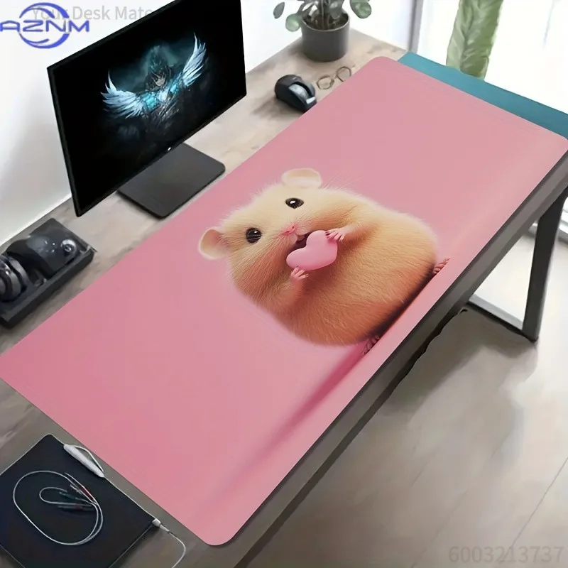 Hamster Hug Heart Pink Background Mouse Pad Large Esports Gaming Office MousePad , Anti-Slip Rubber Accessories Long Desk Mat