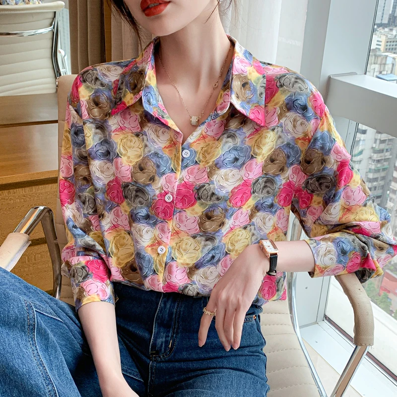 Women Spring Korean Fashion Loose Printing Silk Polo-Neck Long Sleeve Shirts Women Clothes Casual All-match Appear Thin Tops