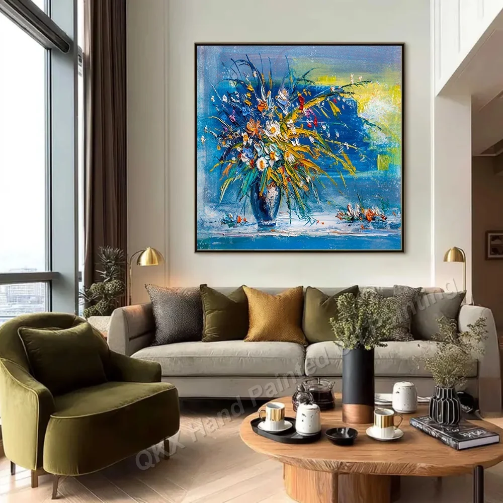 Impasto Vibrant Vase Flower Square Canvas Wall Art 100% Handmade Oil Painting Decor for Living Room