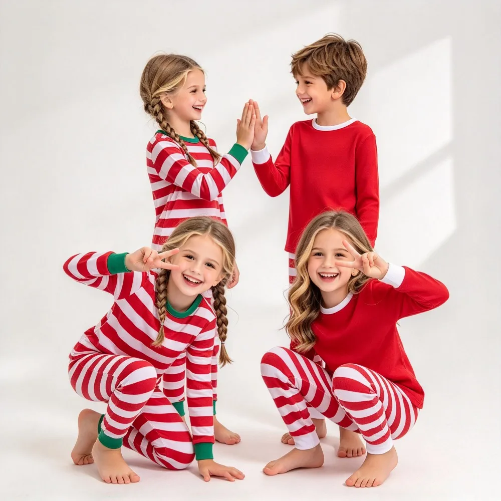 Red White Striped Christmas Pajamas for Kids Children's Homewear Xmas Boys and Girls Homewear Nightwear for Baby Family Christma