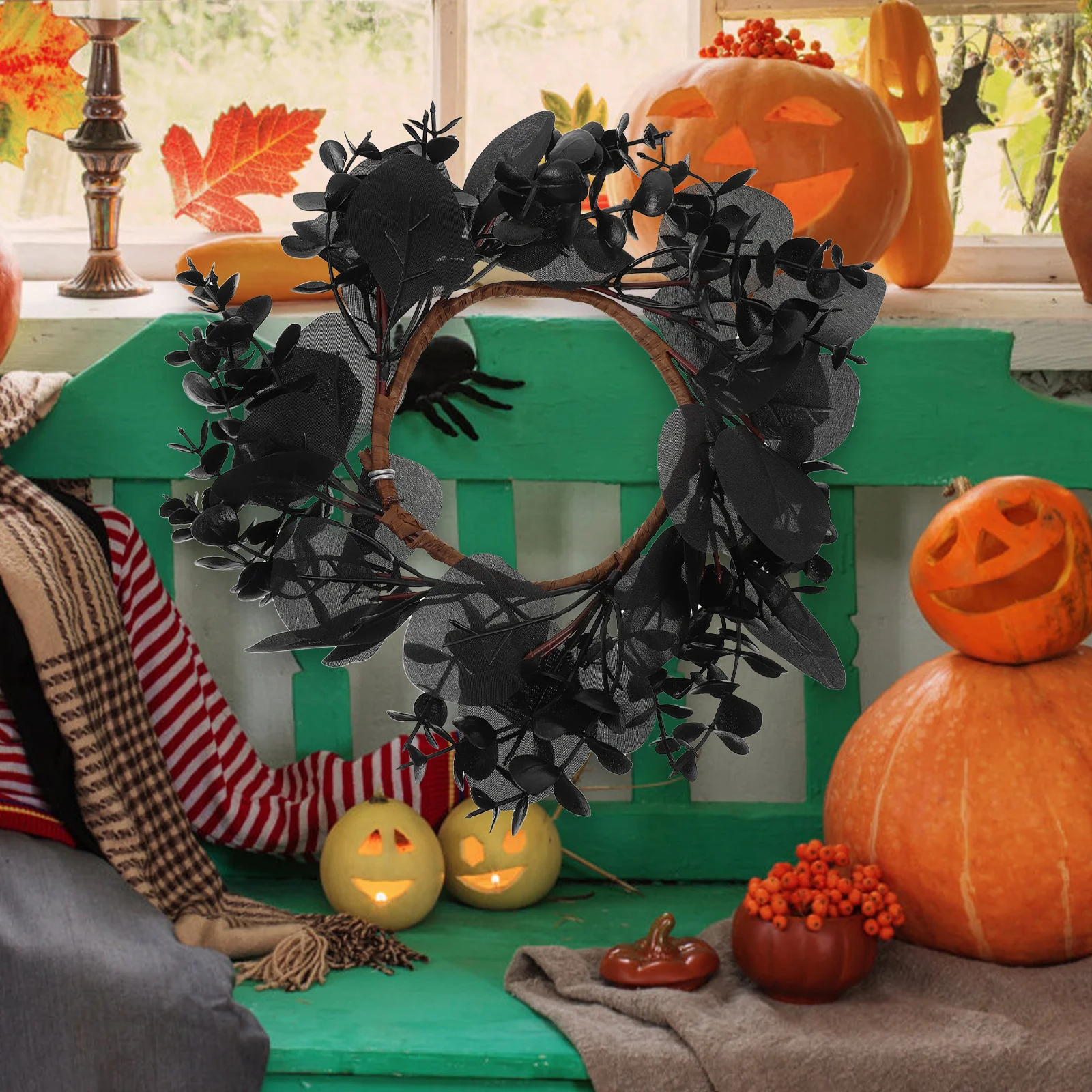 

Black Wreath Halloween Hanging Decoration Gothic Simulated Front Door Wall Party Photo Prop Outdoor Indoor Decorative