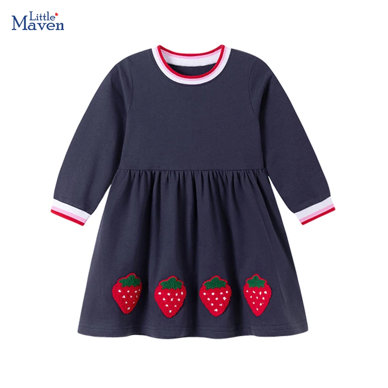 Little maven 2026 Autumn New Children's Clothing Kids Clothes Cotton Baby Girls Cartoon Strawberry Long Sleeves Dresses