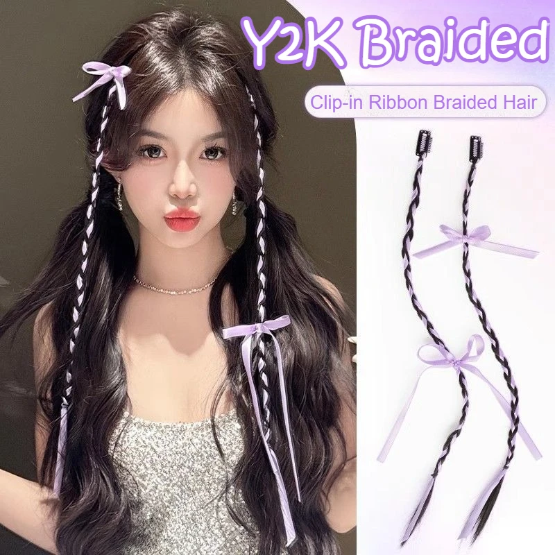 2/4PCS Ribbon Bow Boxing Braid for Women Fashion Twist Braided Daily Wig Braid Invisible BB Clip Hair Extension Y2K Braided Wig