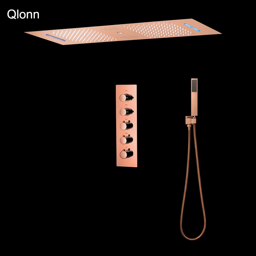 Qlonn 4 Functions Rose Gold Shower Set System Bathroom Faucet Thermostat Mixer Ceiling 35*12 Inch LED Music Shower Head Rainfall