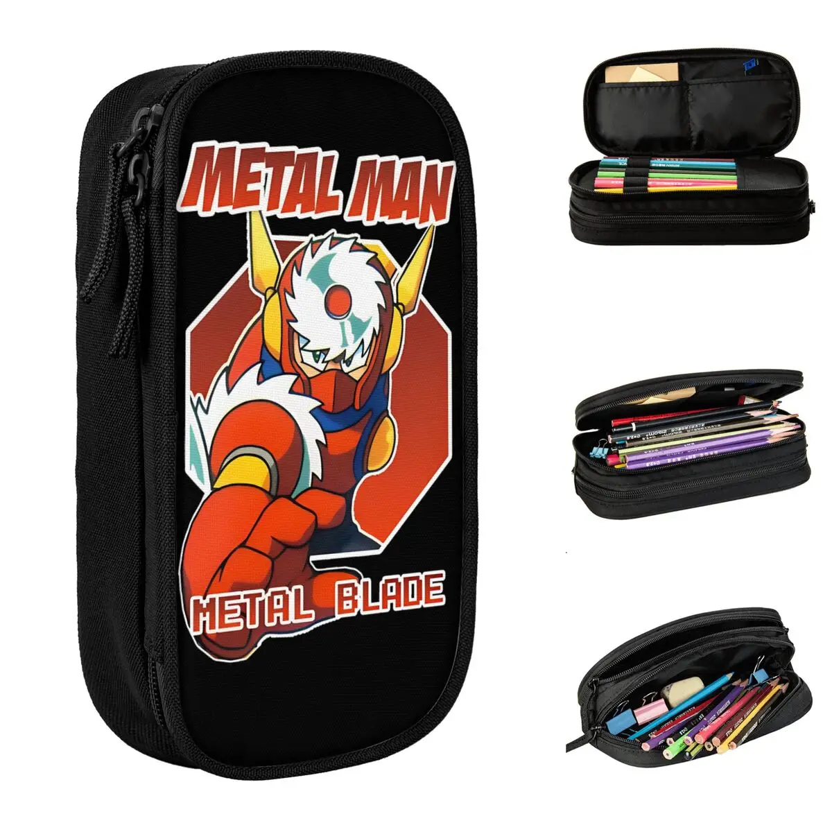 Megaman X Metal Blade Metal Man Pencil Case Pen Box Bag for Student Large Storage Office Zipper Pencil Pouch