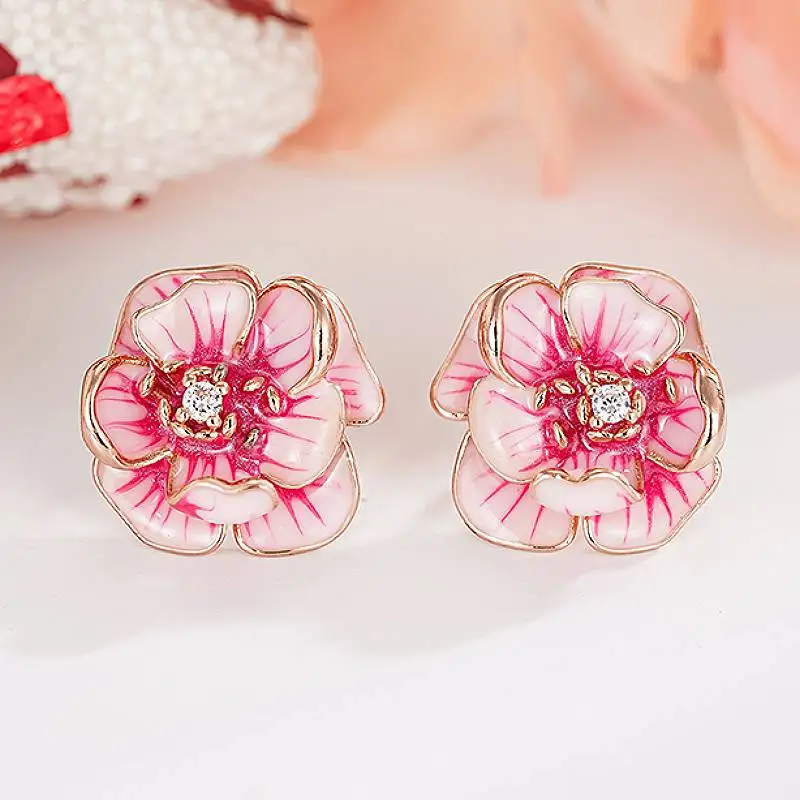 Huitan Pink Flower Shaped Aesthetic Women Stud Earrings Sweet Party Daily Chic Accessories Wedding Fresh Jewelry Inlaid Shiny CZ