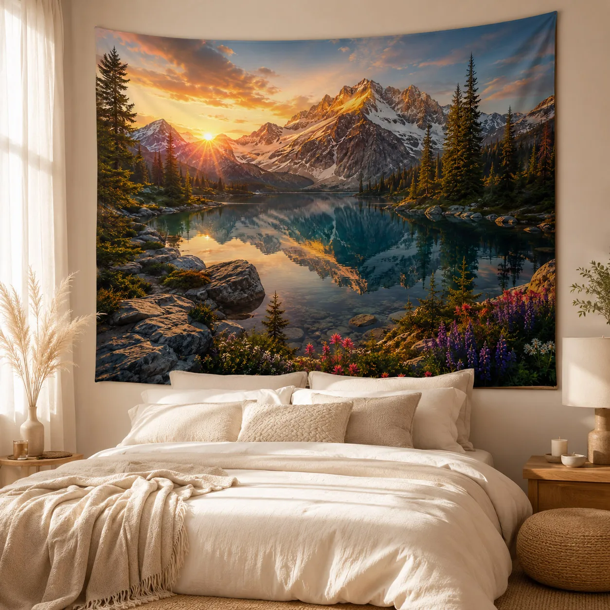 Mountain Lake Sunset Tapestry Pine Forest Scenic Landscape Wall Hanging Nature Wall Decor for Bedroom