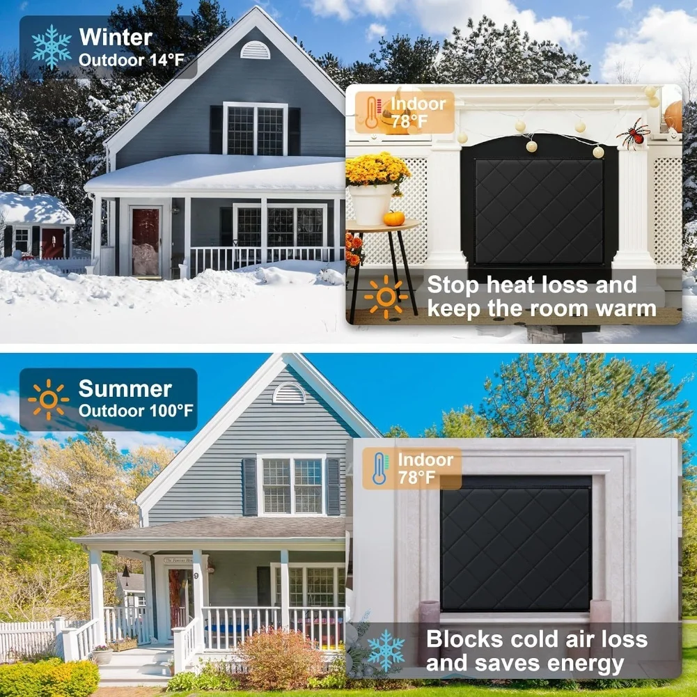 

Winter Magnetic Fireplace Cover With Windproof Insulation For Energy Savings Oxford Cloth Insulation Heat Retention