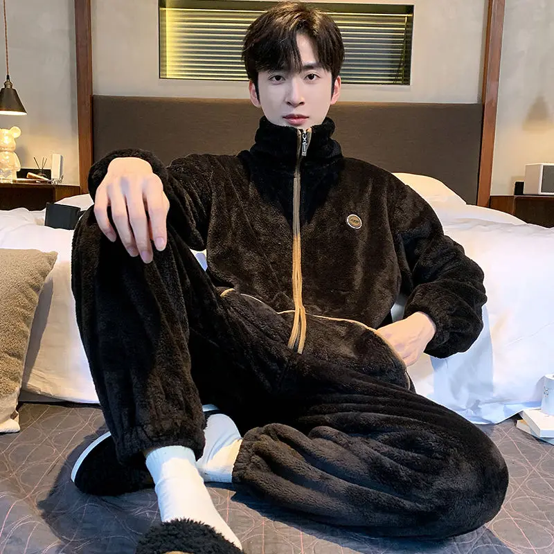 Autumn and Winter with Extra Thick Long Sleeve and Korean Version of Men's Coral Velvet Zipper Home Suit Flannel Warm Pajamas