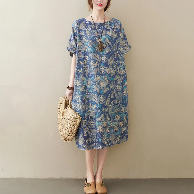 Stampa floreale in cotone e lino Batwing Sve round Ne Midi Dr plus Size Donna Comoda vestibilità ampia Estate Dr