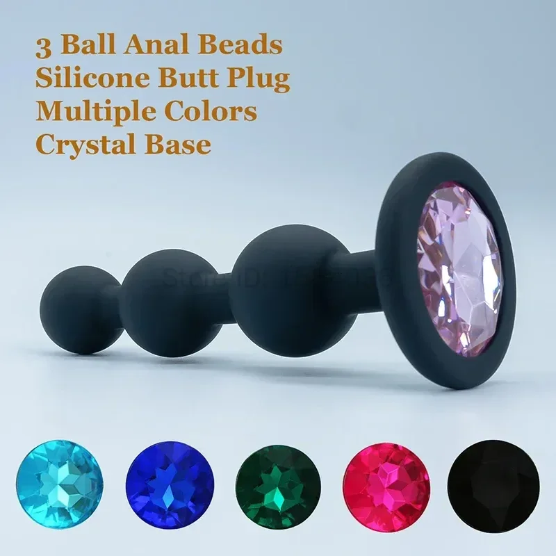 Crystal Diamond Anal Plug 3 Balls Anal Beads Silicone Black Butt Plug Vagina Dilator Ass Trainer Couples Sex Toys For Women Man - view 3