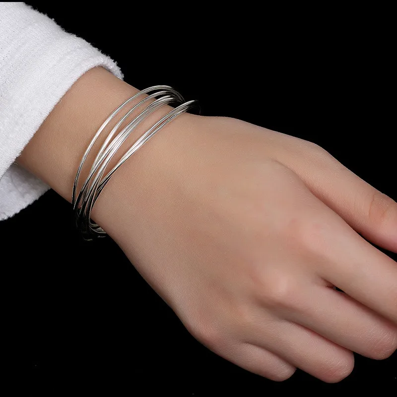1set=7pcs Uglyless 925 Sterling Silver Bangle 7-layer Bangles Women Minimalism Jewelry 1.5MM Thin Hollow Glossy Silver Circles