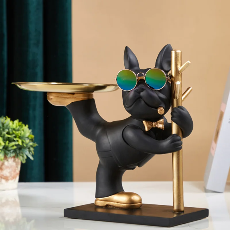 French Bulldog Decoration with Wood Holder Dog Sculpture for Home Decor Animal Statues Butler Office Desk Ornaments Living Room