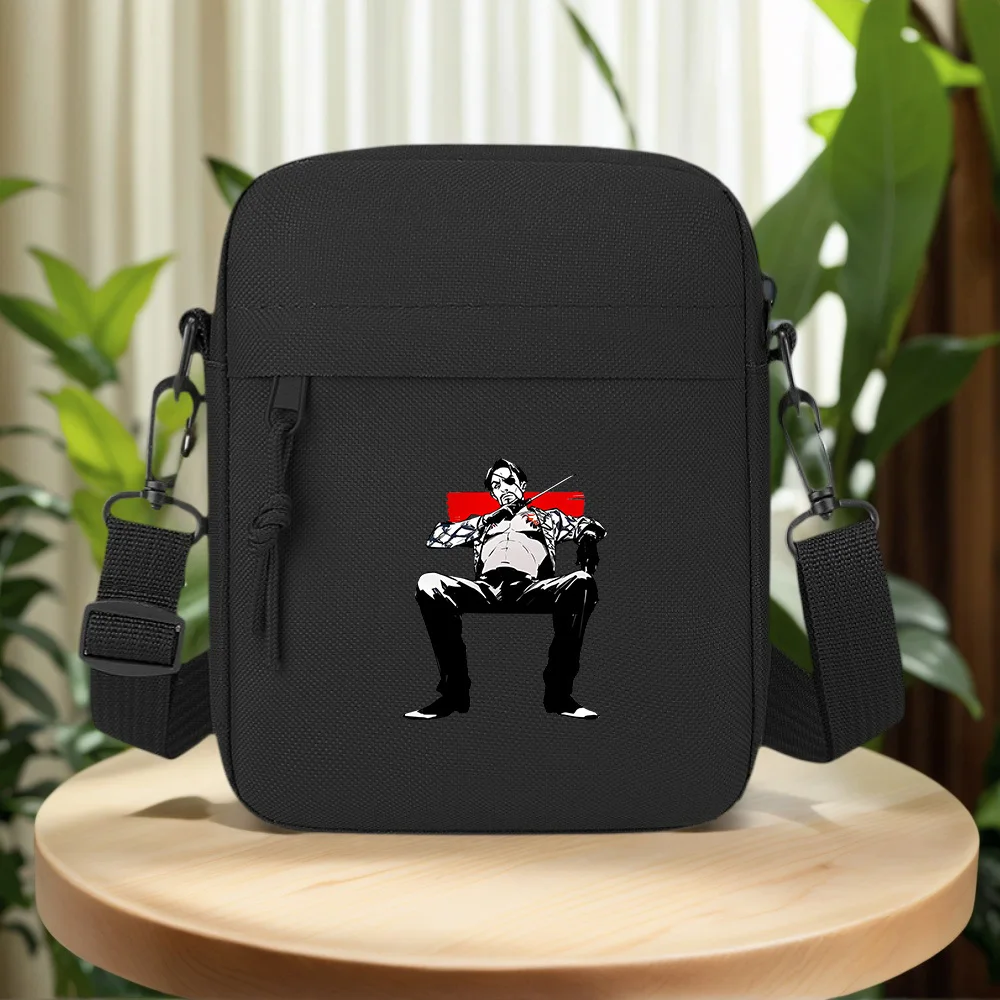 Eye patch,jacket,sword,body tattoo,confident pose. Men Crossbody Bag Single Shoulder Women Cartoon Anime Film Printing Design Un