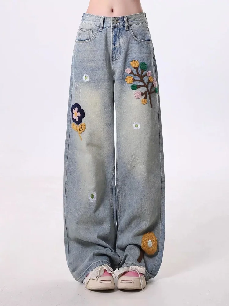 

Baggy Jeans Y2k Spring Vintage Blue Jeans with Appliques for Woman Clothing New Casual Outdoor Denim Pants Slim Fit Loose Jeans