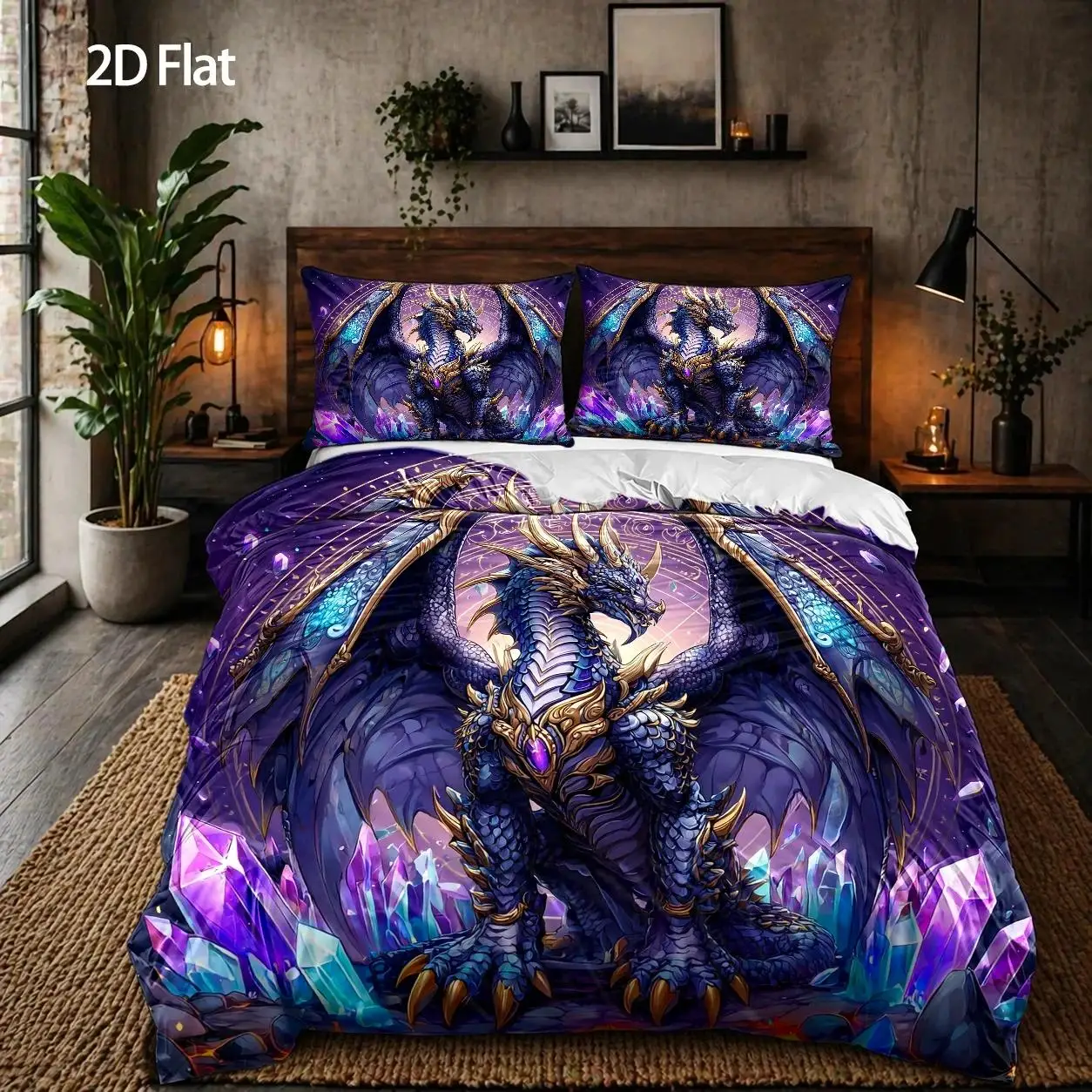 3-Piece Duvet Cover Set, 1 Duvet Cover + 2 Pillowcases (Without Filling), Dreamy Purple Dragon Totem, Cyberpunk Style, Fantasy Festival, Fashionable, Three-Piece Duvet Cover Set, Three-Piece Bedding Set, Large Duvet Cover Set, Suitable for All Seasons, Machine Washable, Invisible Zipper, Suitable for Home, Dormitory, Master Bedroom, Guest Room