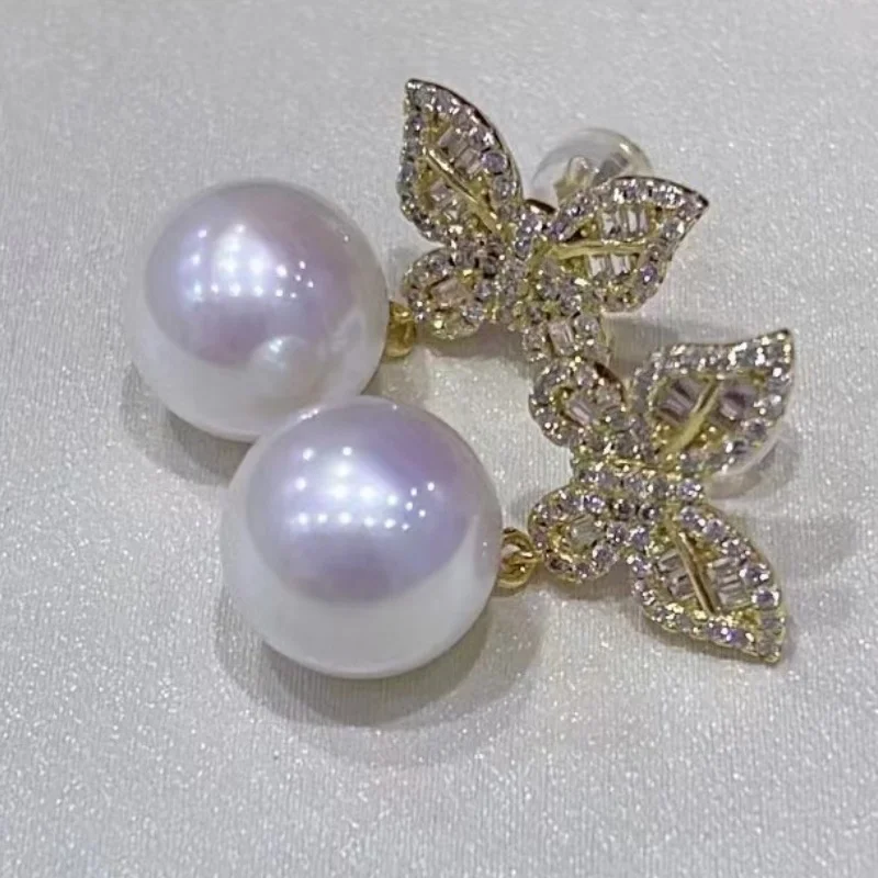 

SGARIT Trending Jewelry 11-12mm 925 Silver Setting Natural Freshwater White Round Pearl Drop Earring Jewellery with Butterfly
