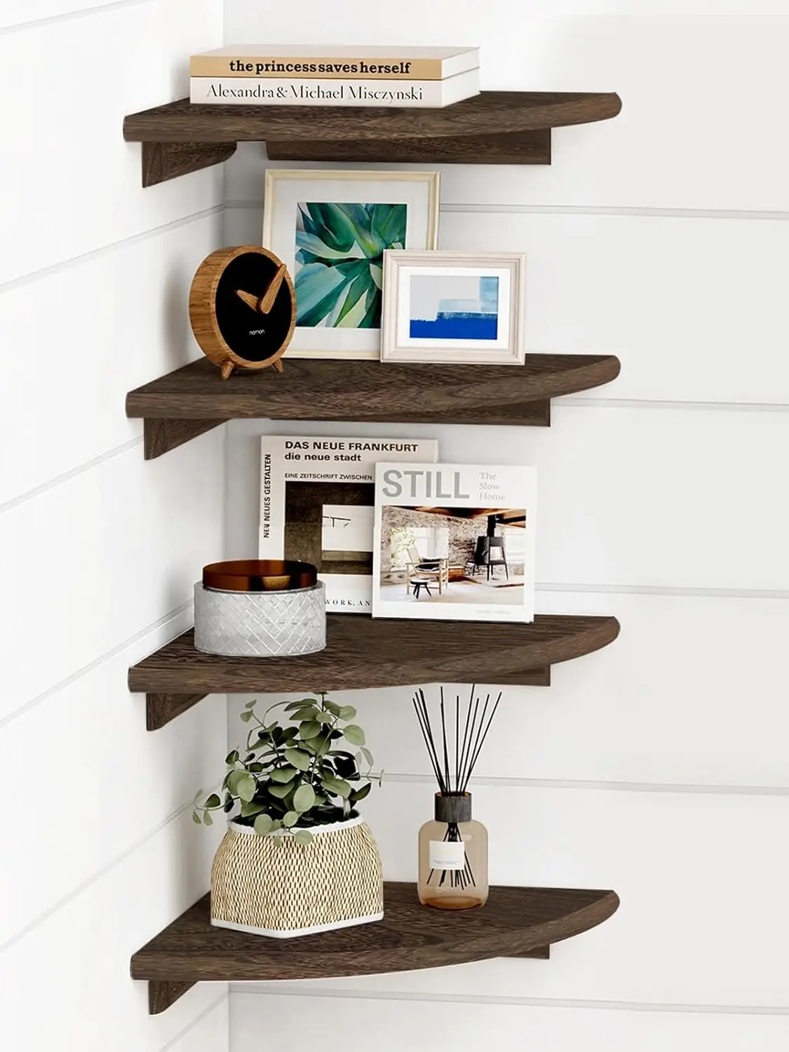 

Floating Corner Shelves for Wall Set of 4, Small Corner Bookshelf for Bedroom Books, Round Wooden Corner Shelf Wall Mou