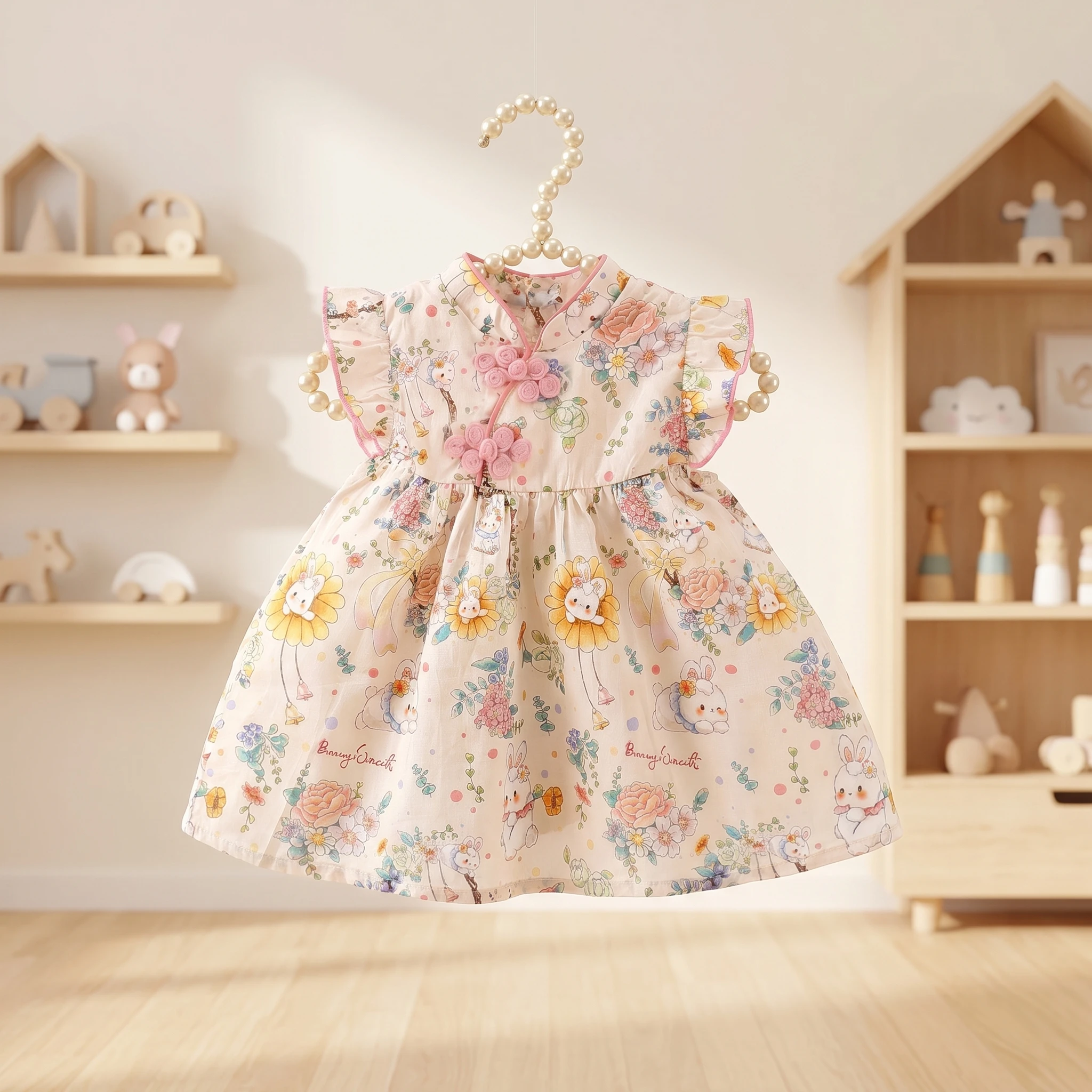 0-4 Years Old Chinese Style Baby Girl Dresses Adorable Rabbit Children Dresses Unique Button Kid Clothes Fashion Toddler Costume