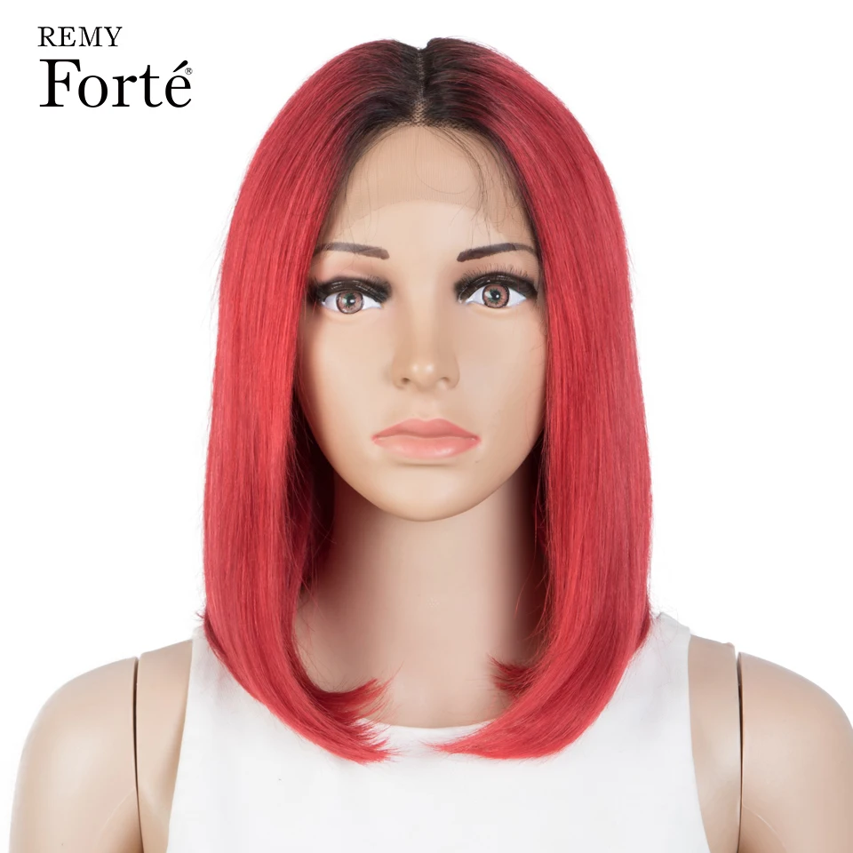 Perruque Bob Lace wig brésilienne Remy naturelle ombrée, cheveux courts, couleur or, blond, rose, rouge, avec racine, t-part, 180%, pour femmes