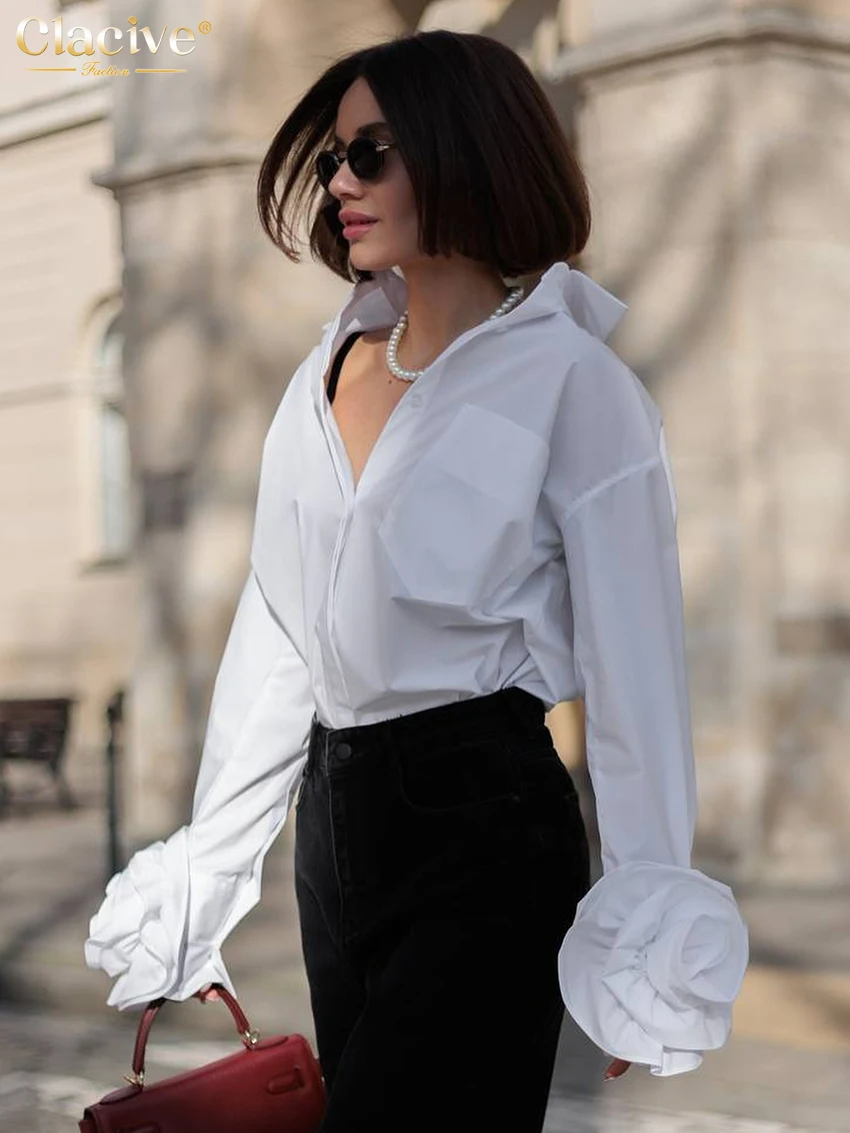 Clacive Fashion Loose White Cotton Women\'s Shirt 2025 Casual Lapel Long Sleeve Shirts Elegant Classic Solid Top Female Clothing