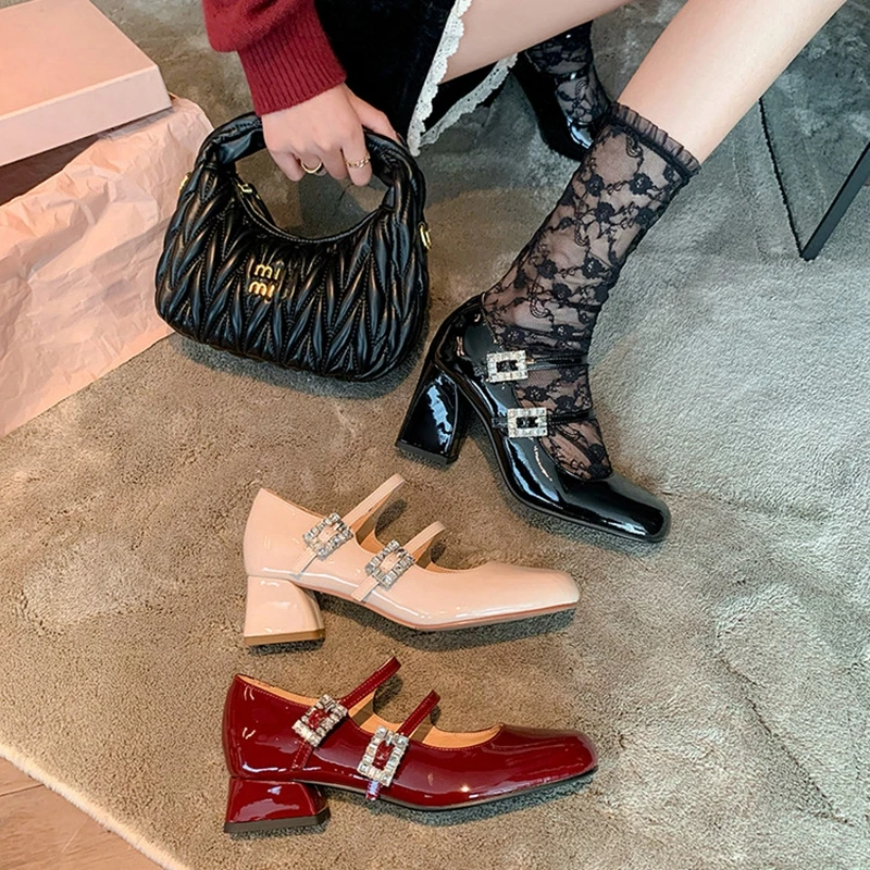 

Women's New Spring and Autumn Round Head Water Diamond Belt Buckle Leather Cowhide Lacquer High Heels Mary Jane Work Shoes