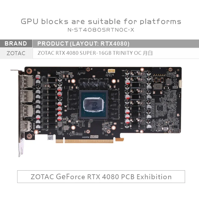 Bykski N-ST4080SRTNOC-X GPU Block for ZOTAC RTX 4080 SUPER-16GB TRINITY OC Video Card Water Cooling / 0.3mm Jet Micro-waterway