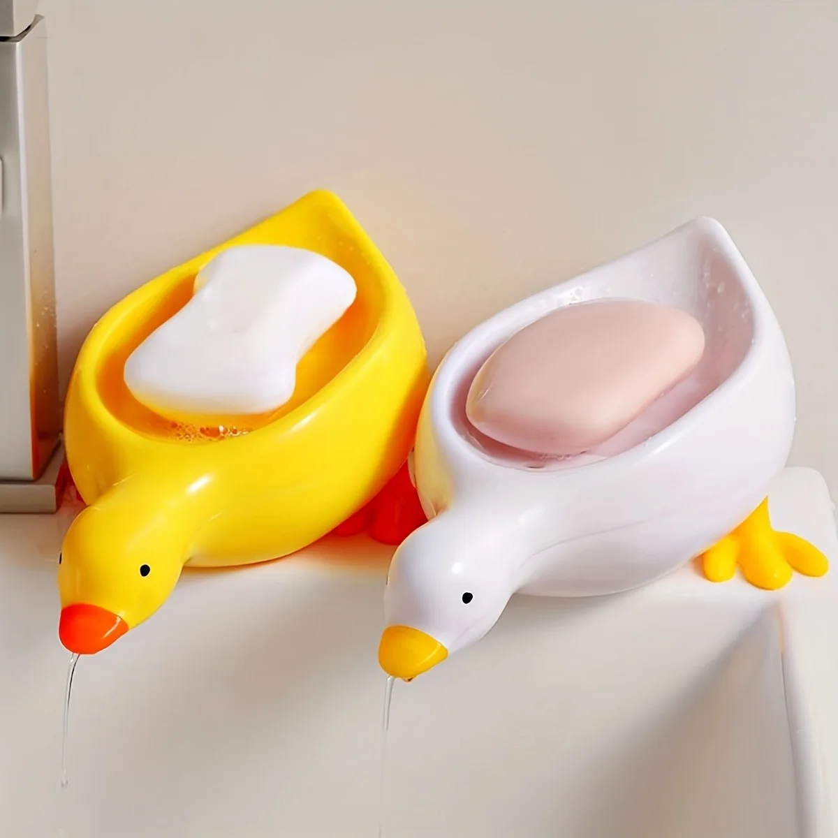 1pc Cute Duck Shaped Soap Dish, Plastic Drain Tray, Self Draining Holder, Multifunctional Storage Rack, Bathroom Accessories