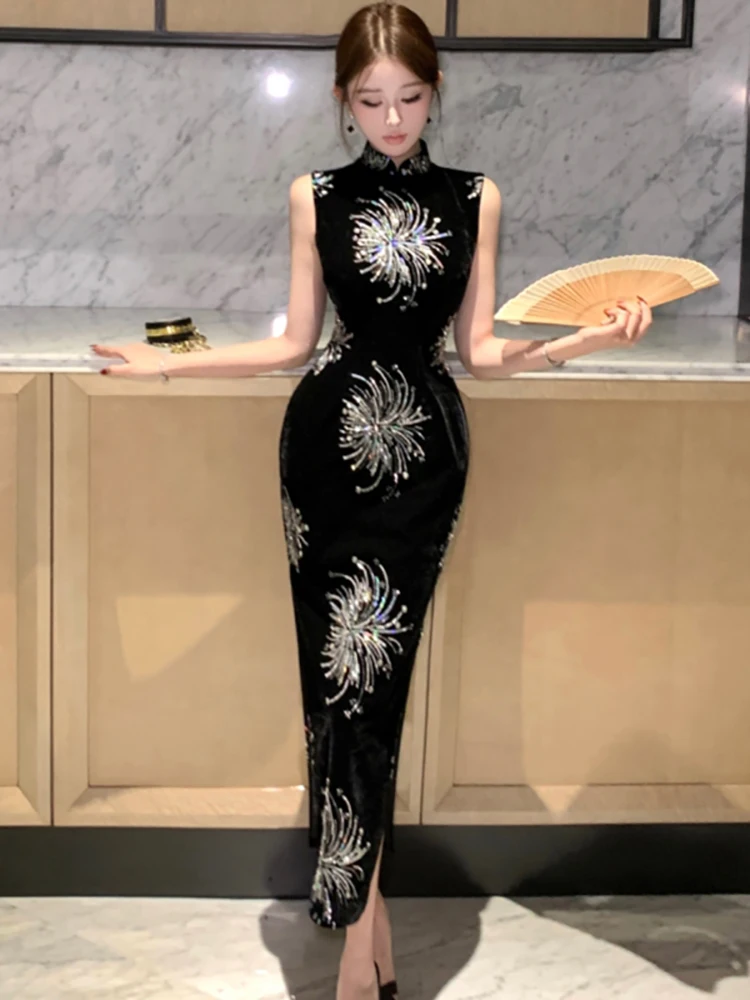 

2026 Black Velvet Diamonds Floral Luxury Long Dress Women Korean Vintage Evening Dress Spring Autumn Elegant Bodycon Dress Robe