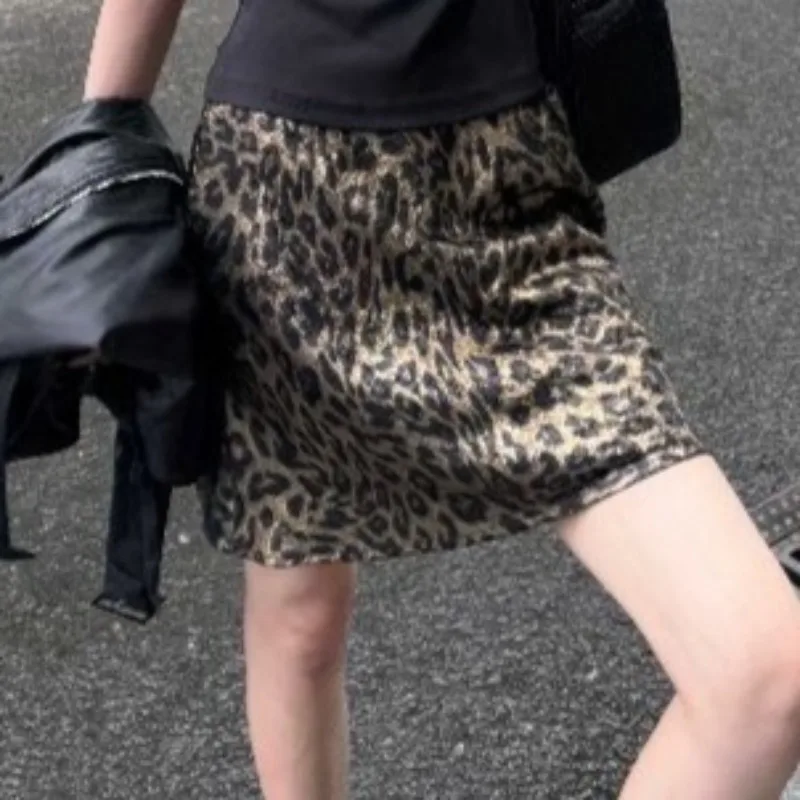 Y2k Leopard Skirts For Women Vintage Spring Summer Elegant Mini Skirt American Fashion Versatile Simple Faldas Mujer