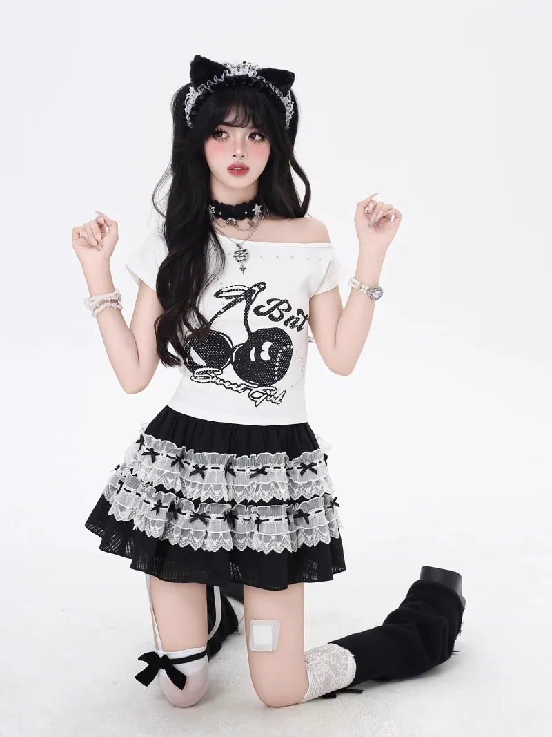 Japanese Black And White High-waisted Mini Skirts Lace Bow Sweet Versatile 2025 Spring Summer Puffy Cake Skirt Women's Clothing