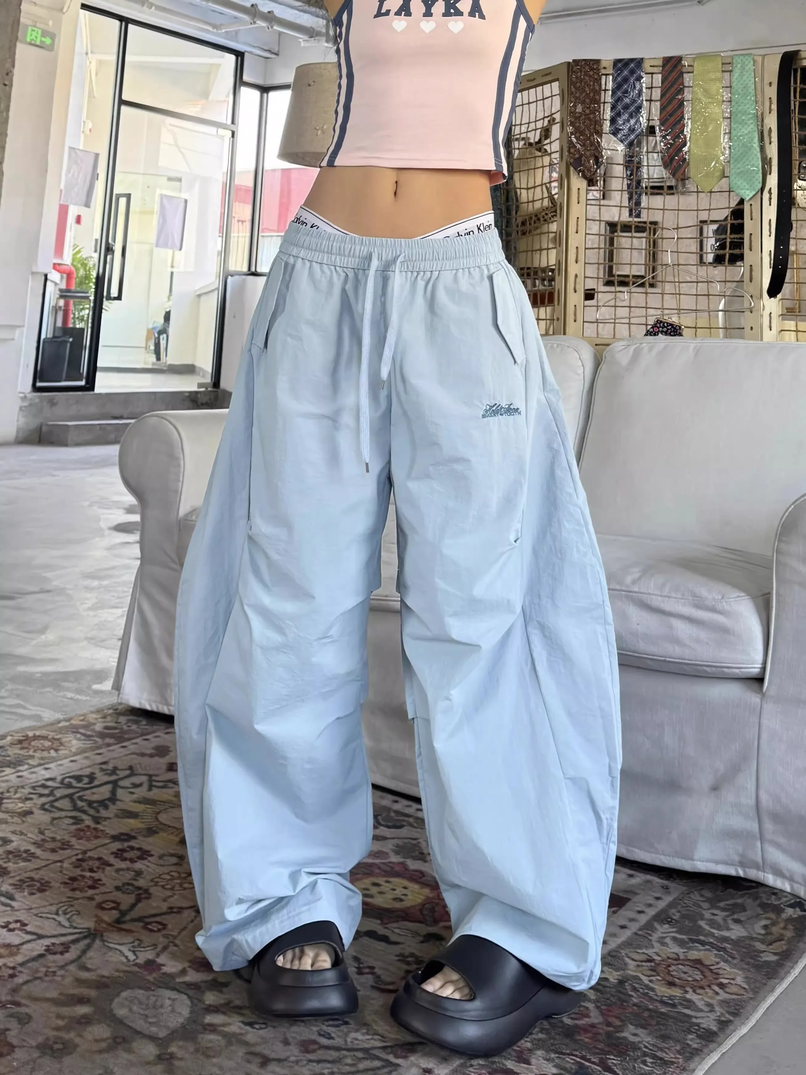 

American Yellow Street Dance Wide Leg Pants For Women, Summer Hot Girls, Loose Drawstring Quick Drying Pants