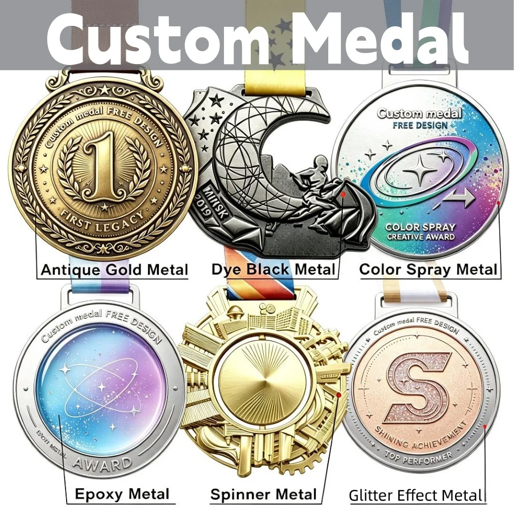Custom Medal Personalized Special Finish Metal Medallion Spinner Glitter Epoxy Color Spray Custom Logo Sports Tournament Prize