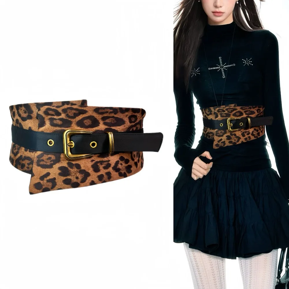 Casual Retro Leopard Print Belt Ethnic Style PU Leather Wide Cummerbund Korean Style Y2K Cowboy Waistband Trousers