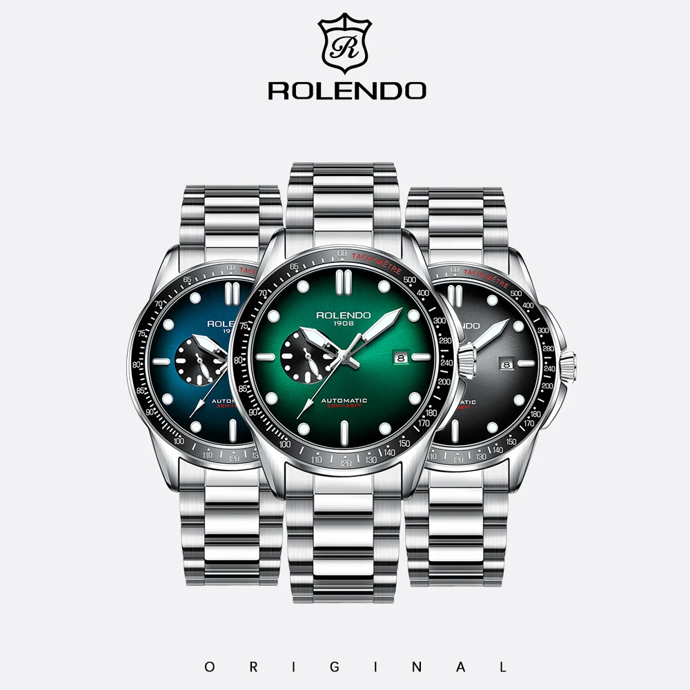 ROLENDO 1908 Men Automatic Mechanical Watch 50M Waterproof Stainless Steel Sports Racing Wristwatch Business Male Reloj Hombre