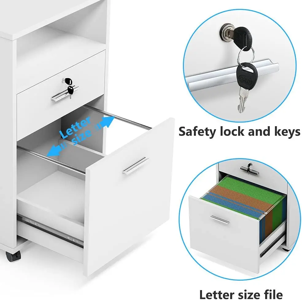 ตู้เก็บเอกสารมือถือ2ลิ้นชักพร้อมล็อคไม้ชั้นเก็บเอกสารทันสมัยสำหรับขนาดตัวอักษรขาตั้งเครื่องพิมพ์พร้อมล้อกลิ้งและชั้นวางของ
