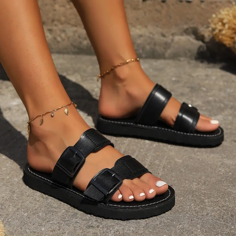 Damesschoenen 2024 Britse Stijl Nieuwe Damesslippers Zomer Plat Effen Kleur Damesschoenen Romeinse Gesp Casual Strandslippers