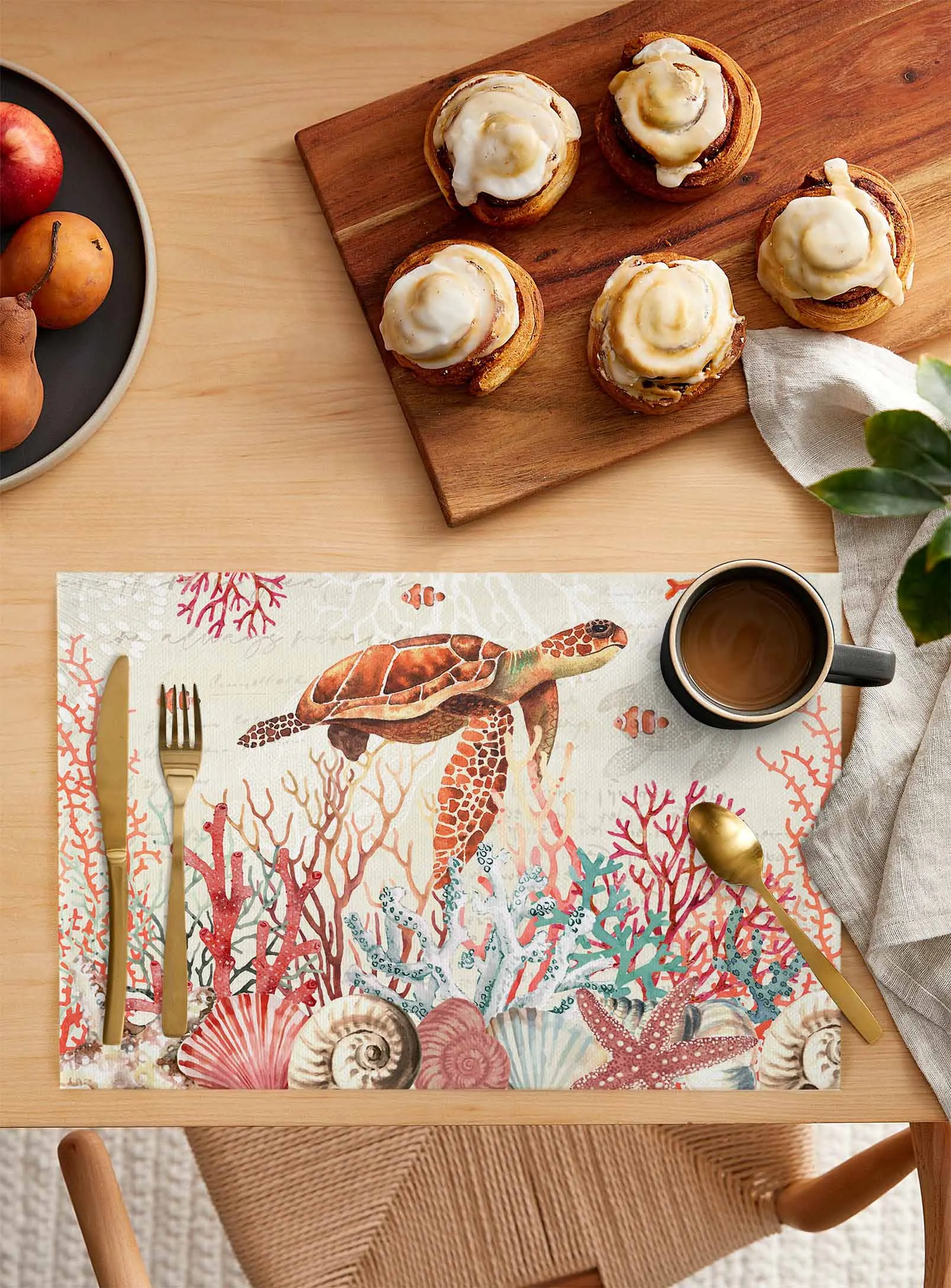 Summer Ocean Coral Conch Sea Star Turtle Kitchen Dining Table Decor Accessories 4/6pcs Placemat Heat Resistant Tableware Mat