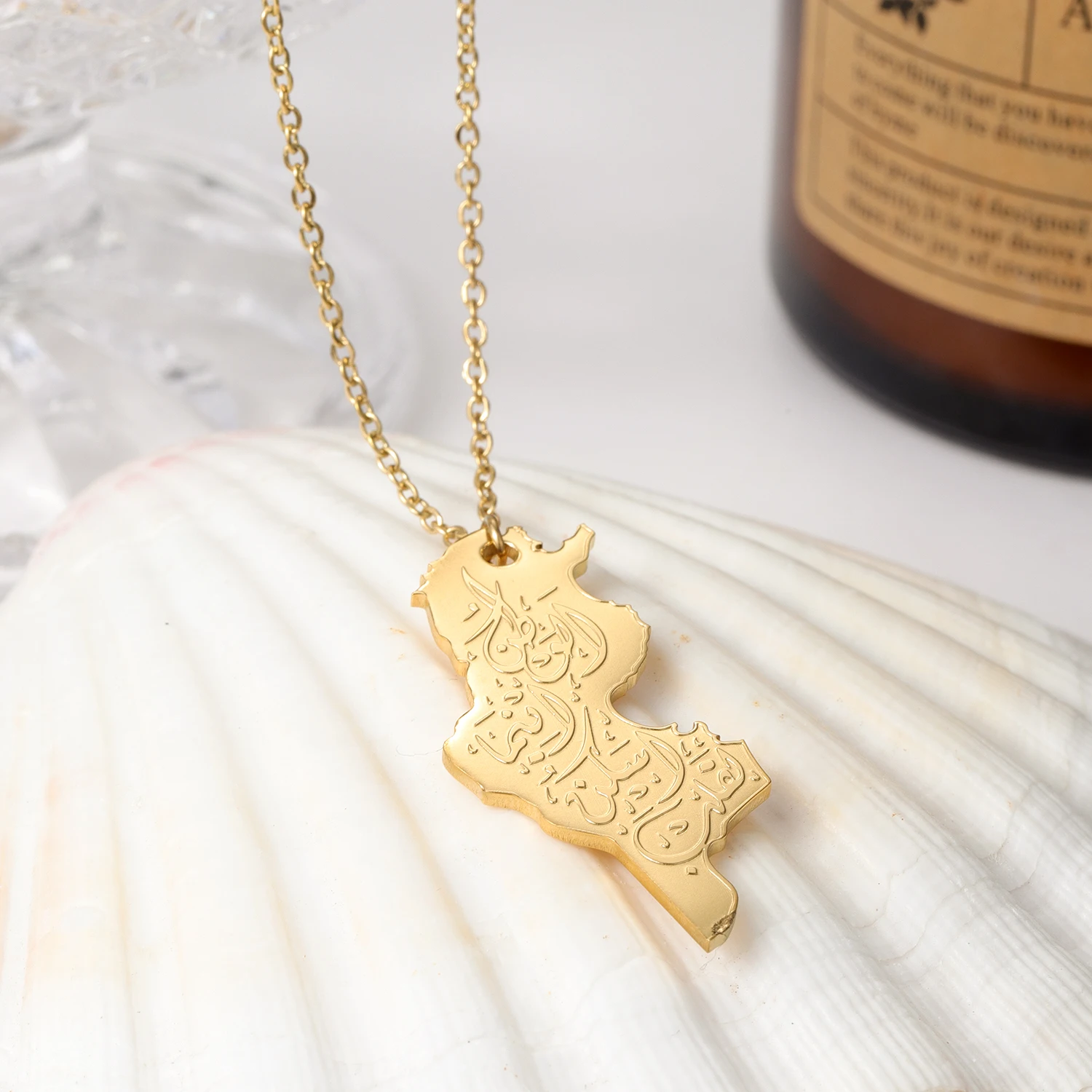 Arabic Necklace Islamic Arabic Map Calligraphy Pendant Gold Stainless Steel Chain Ramadhan Jewelry Necklace Women Gift