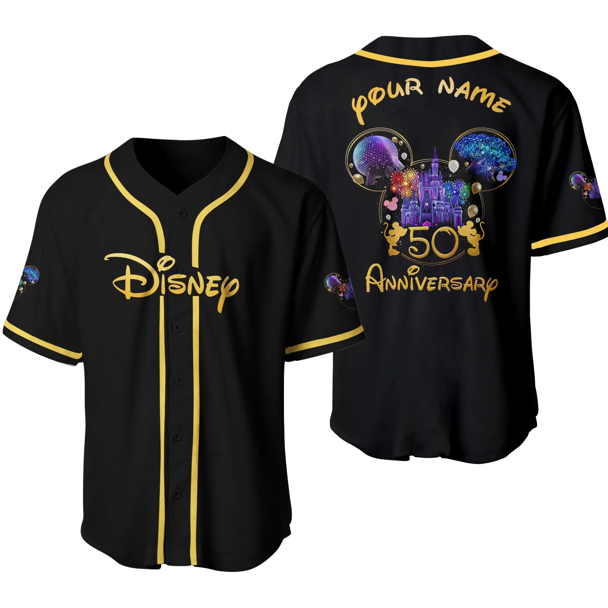 

Disney 50th Anniversary Mickey Mouse Black Rainbow Baseball Jersey Custom Name Disney Hawaiian Shirt Men Women Tops