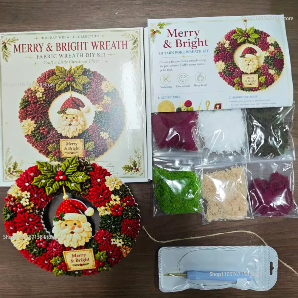 Santa Claus 3D Fabric Poke Wreath DIY Kit Pre-Cut Fabric Strips Christmas Wreath Making Set Snowman Deer Handmade