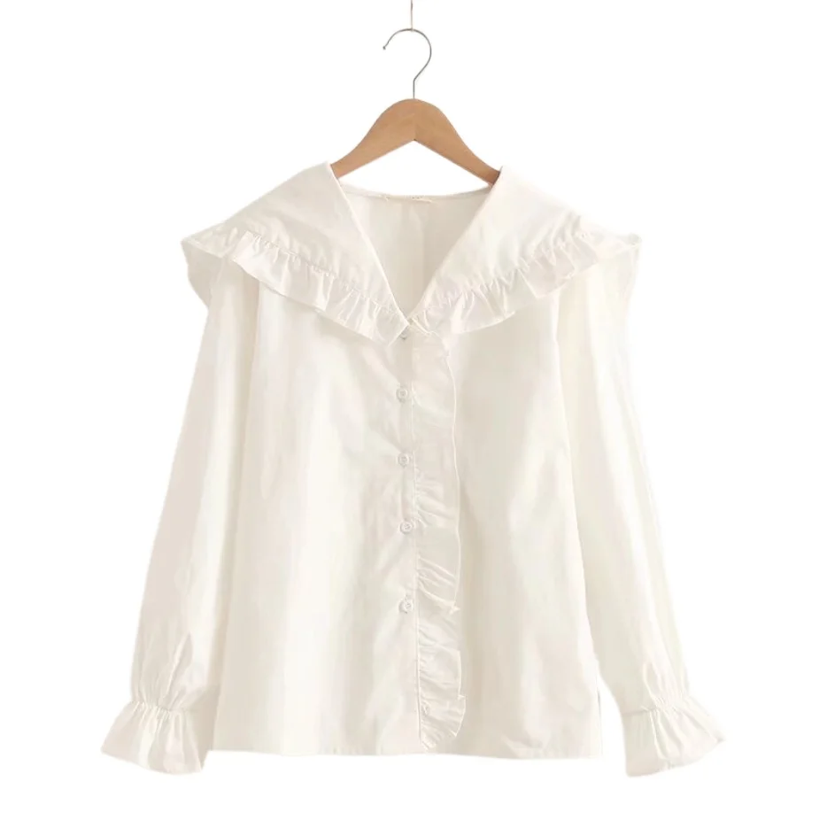 

High Quality Autumn Plaid Tops Women JK Style Cotton White Blouse Peter Pan Collar Ruffles Long Sleeve Shirt Fashion Blouses