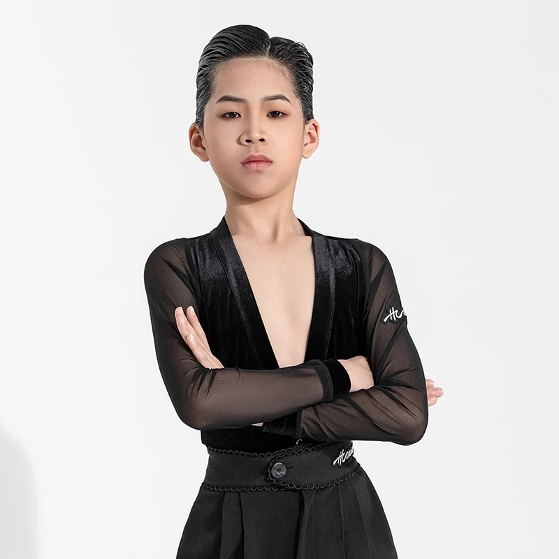 

2024 Big V-Neck Mesh Velvet Bodysuit Latin Dance Tops For Boys Chacha Rumba Tango Dress Kids Latin Performance Clothes DQS18080