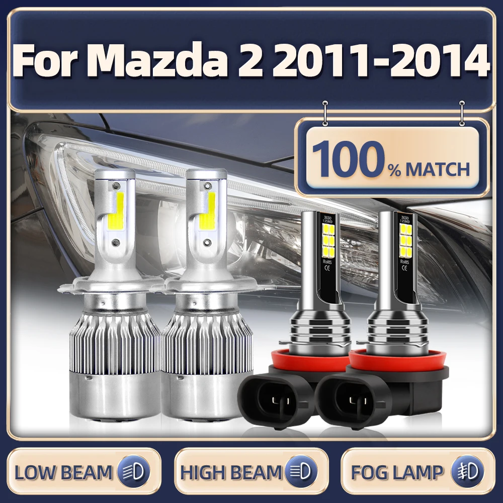 H4 Canbus LED Headlight Bulbs High Low Beam Car Lights 40000LM H11 Turbo Fog Lamps 12V 6000K For Mazda 2 2011 2012 2013 2014